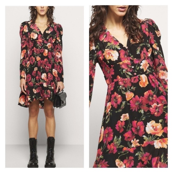 NWT THE KOOPLES Call Me Flower Black Floral Long Sleeve Mini Dress Size 3/Large - Picture 1 of 7